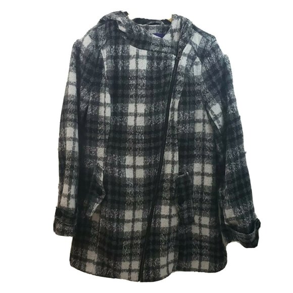 Madden Girl Hooded Jacket Large Plaid Black White - Picture 2 of 10